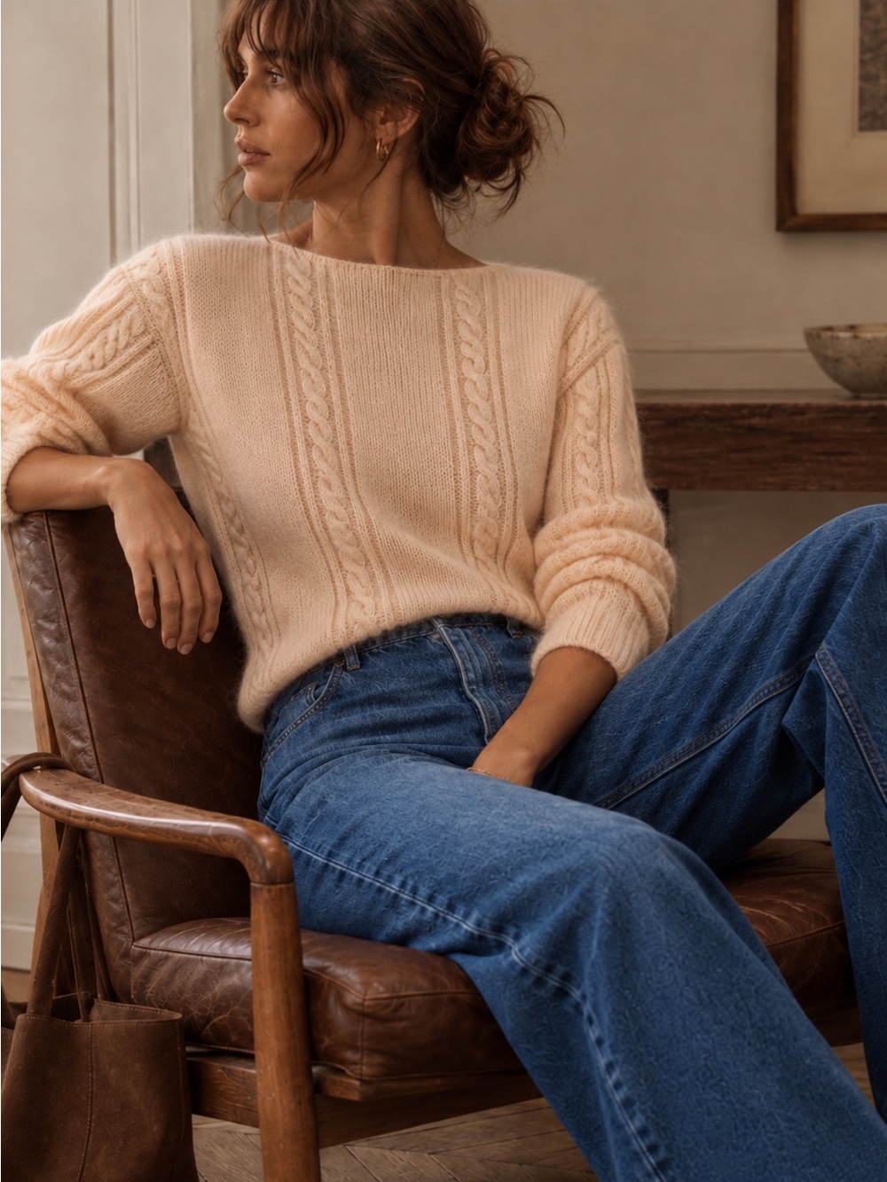 Soft Apricot Fuzzy Cable Knit Artisan-Made Sweater XS/S